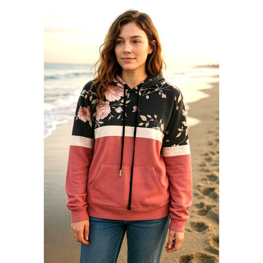 7Th Ray XL Floral Colorblock Hoodie Rose Pink Black Pullover Style Soft Fleece
